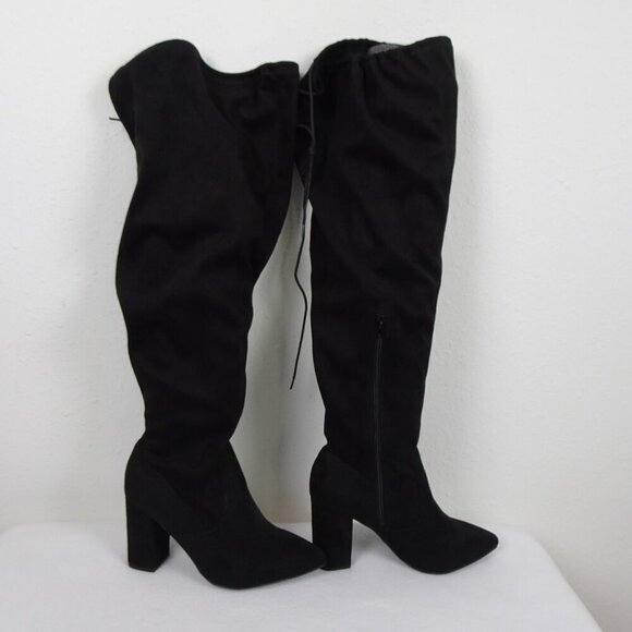 JustFab Aubriana Boots Over The Knee Heeled Suede Women's Size 8 Black Vegan - Picture 13 of 13